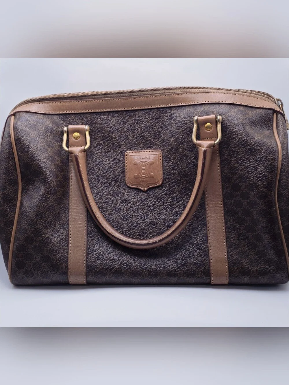 Celine Brown Macadam Canvas Satchel with Tan Leather Trim - Picture 1 of 15